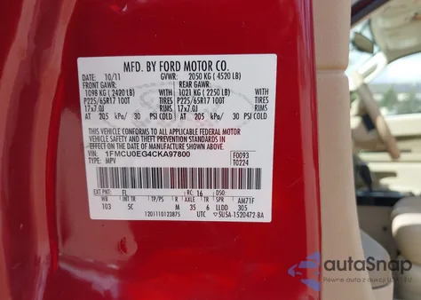 2012 Ford Escape Limited z USA, uszkodzony, nr VIN 1FMCU0EG4CKA97800